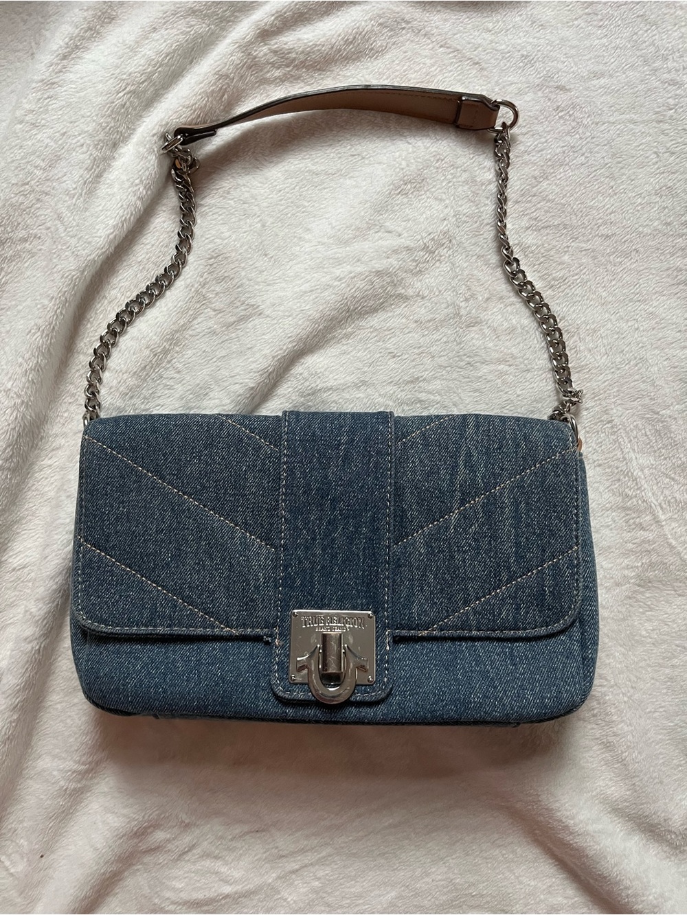 True Religion denim brass hardware flap shoulder bag